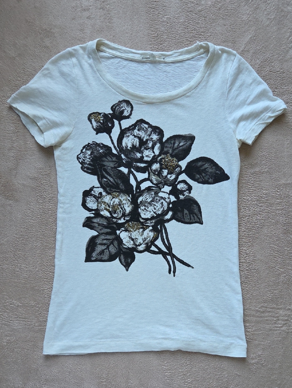 J. Crew Cotton Flotal Embellished T-shirt Cream, Black, Gold Size M